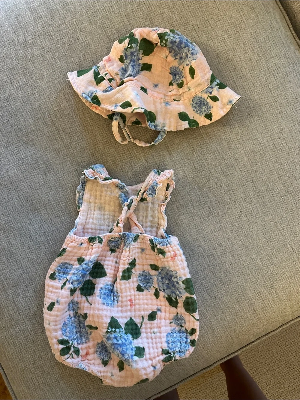 Angel Dear Pink Floral Sun Hat & Romper Set with Blue Hydrangeas 6-12m